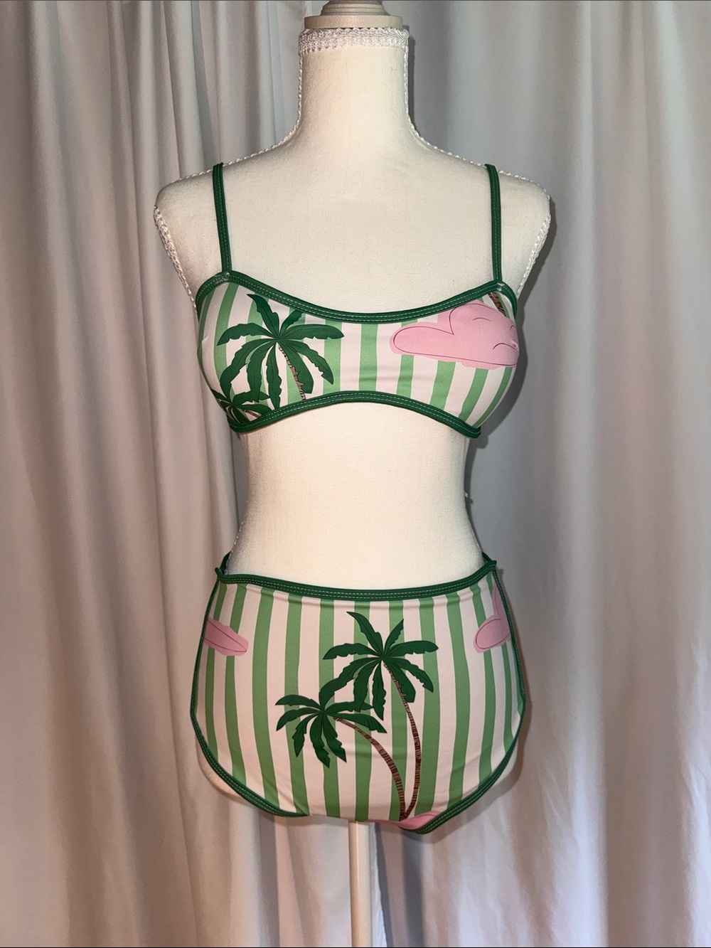 Striped Palm-Print High-Waist Bikini in Green and Pink